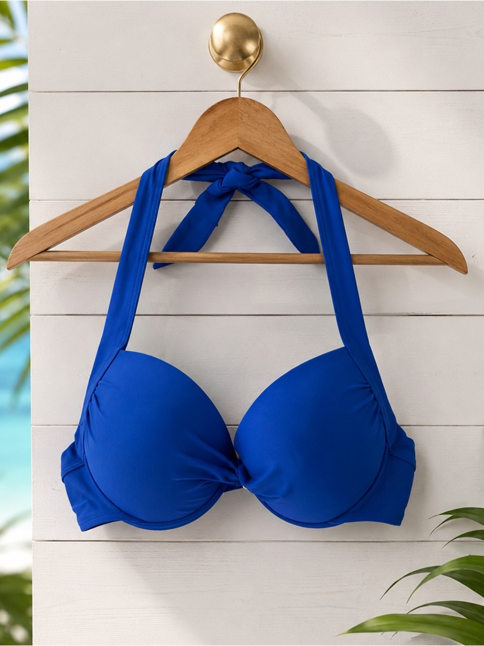 💙 Tahiti Blue Push-Up Underwire Halter Bikini Swim Top Size Large EUC